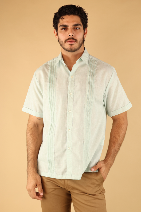 Camisa Tipo Guayabera Verde Manzana Hombre Manga Corta Alforzada